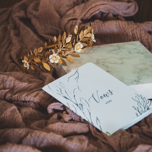Gold Laurel Leaf Wedding Crown with White Flowers main image 4
